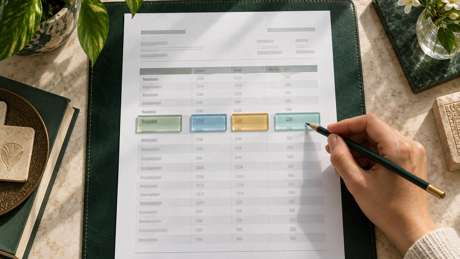 An anonymous laboratory report arranged with four glass markers highlighting the parts of a result line.