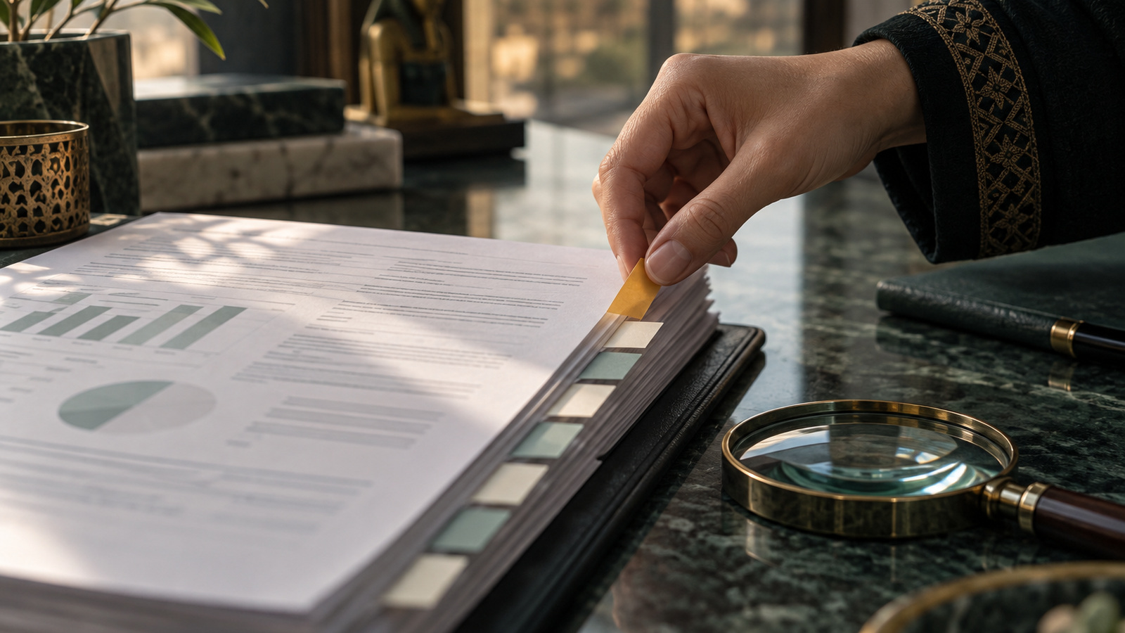 A hand lifting an amber marker from an anonymous laboratory report for closer review.