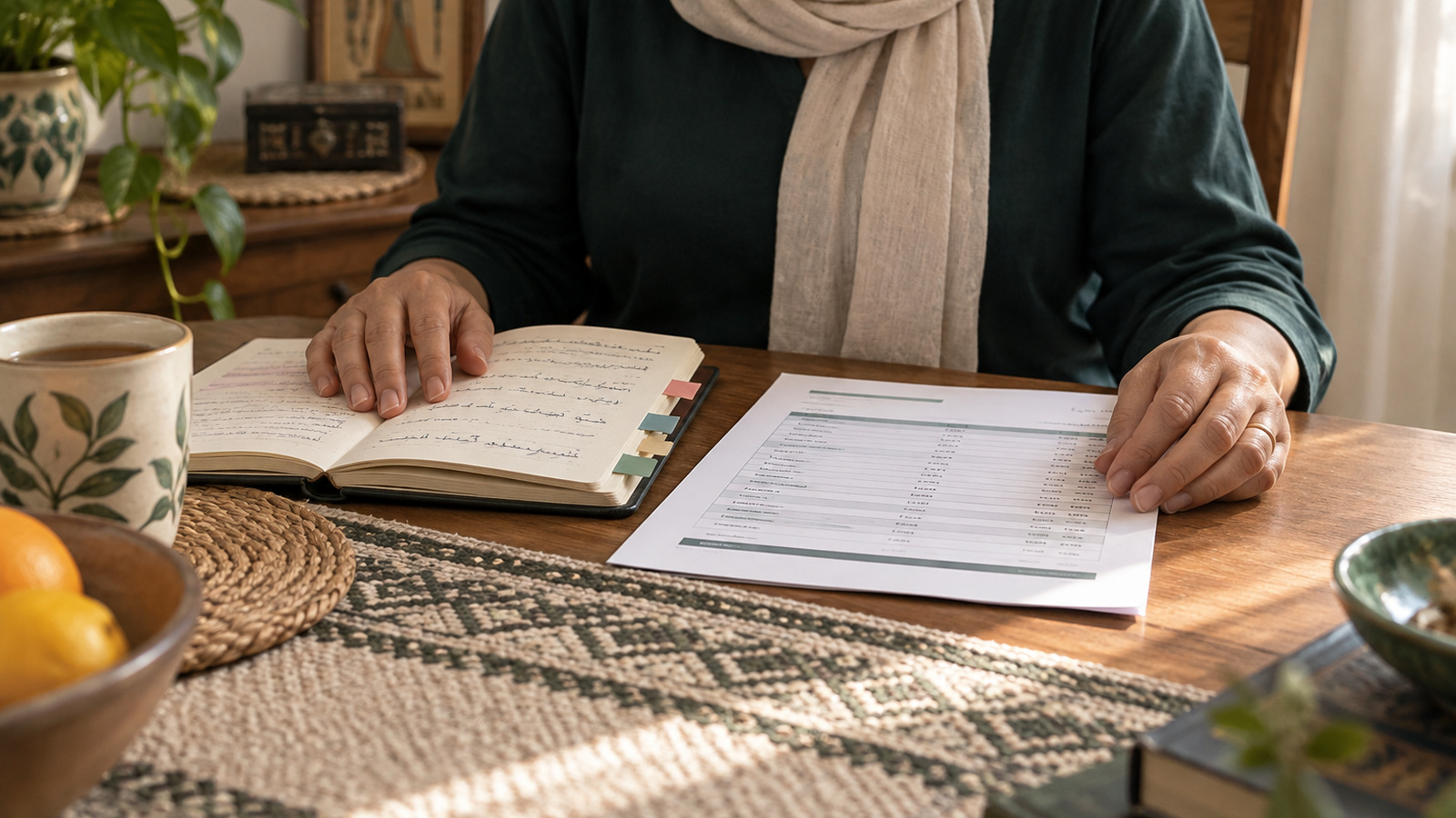 امرأة تراجع دفترًا للأعراض بجوار تقرير مختبر مجهول البيانات.