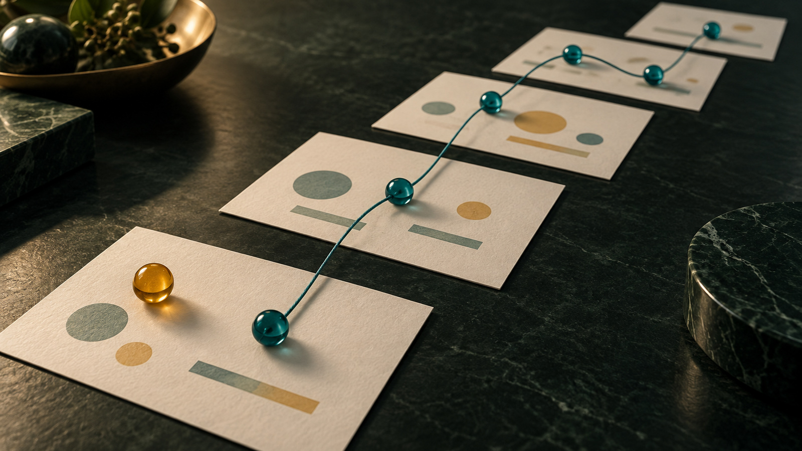 Five abstract report cards connected by a teal thread tracing changes across multiple points in time.