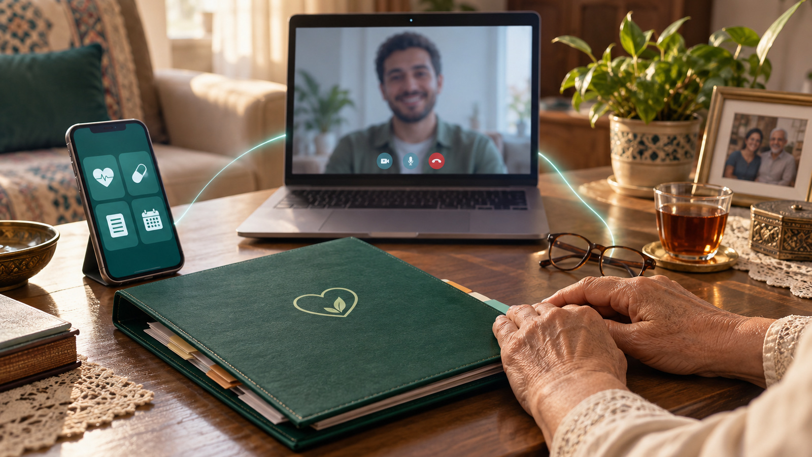 An older parent organizing health records during a video call with an adult child abroad.